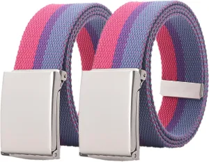 Women Men Canvas Web Belt Size Up to 71" with Flip Top Solid Matte Silver Military Buckle, 2 Pack