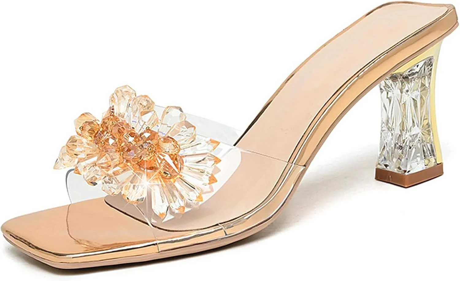 Women Rhinestones Clear Chunky High Heeled Mule Sandals Sparkly Crystal Flower Backless Slip-ons Slippers Bride Dress Open Square Toe Pumps