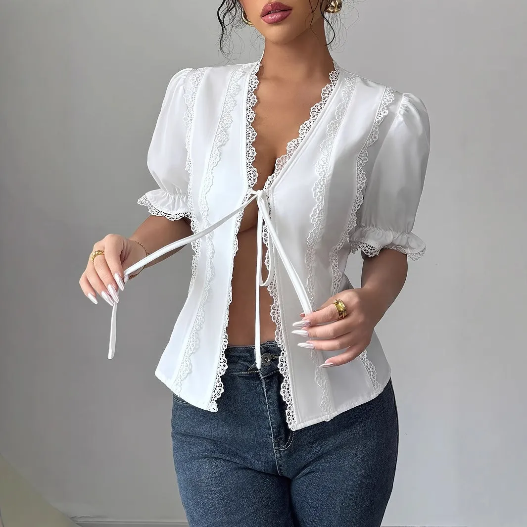 Women's Casual Short Sleeved V-neck Lace Up Pleated Patchwork Solid Color Shirt