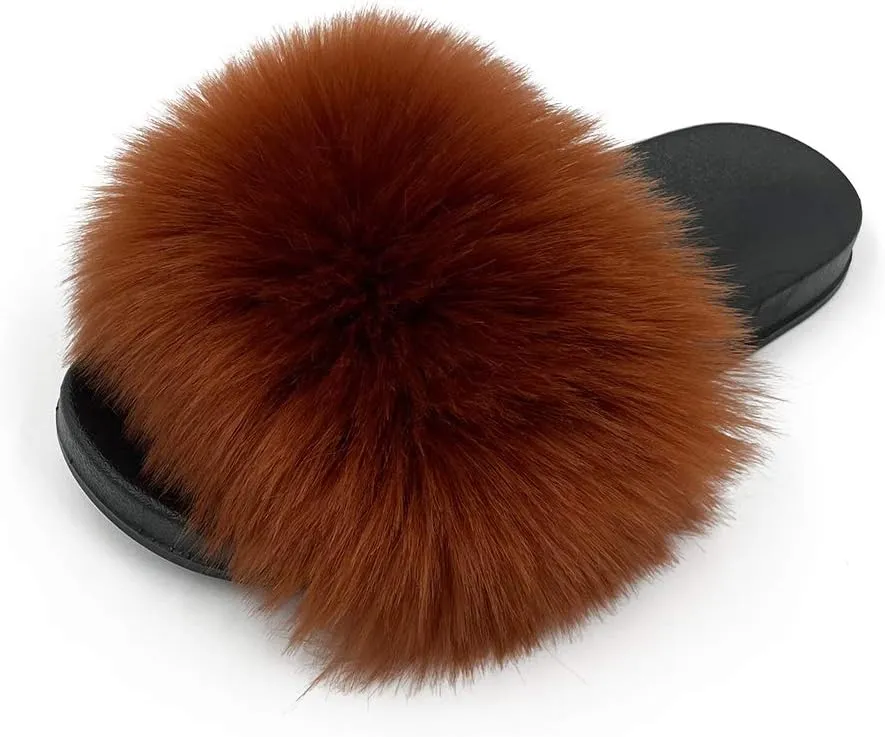 Women's Faux Fur Slides Slippers Fluffy Fuzzy Sandals Open Toe Furry Slide Flip Flop Indoor Outdoor