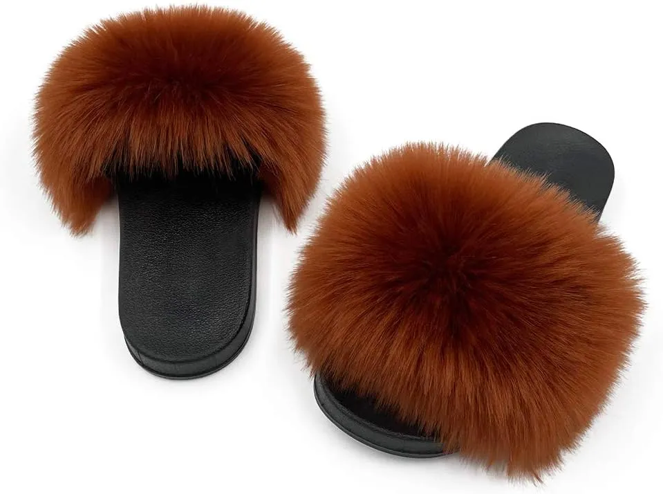 Women's Faux Fur Slides Slippers Fluffy Fuzzy Sandals Open Toe Furry Slide Flip Flop Indoor Outdoor
