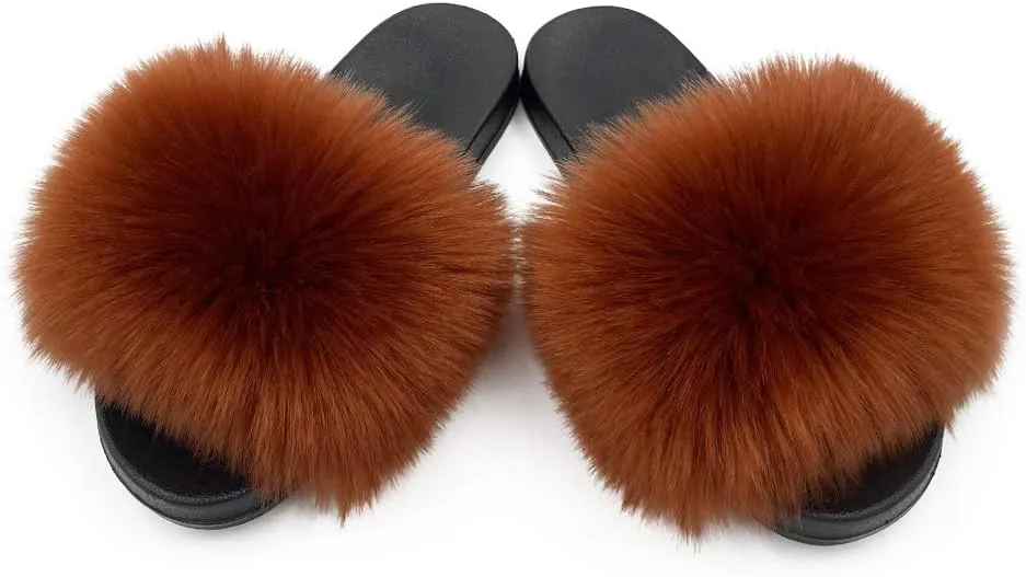 Women's Faux Fur Slides Slippers Fluffy Fuzzy Sandals Open Toe Furry Slide Flip Flop Indoor Outdoor