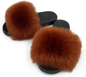 Women's Faux Fur Slides Slippers Fluffy Fuzzy Sandals Open Toe Furry Slide Flip Flop Indoor Outdoor