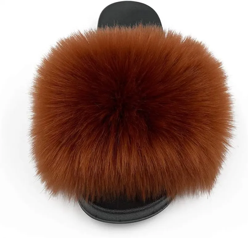Women's Faux Fur Slides Slippers Fluffy Fuzzy Sandals Open Toe Furry Slide Flip Flop Indoor Outdoor