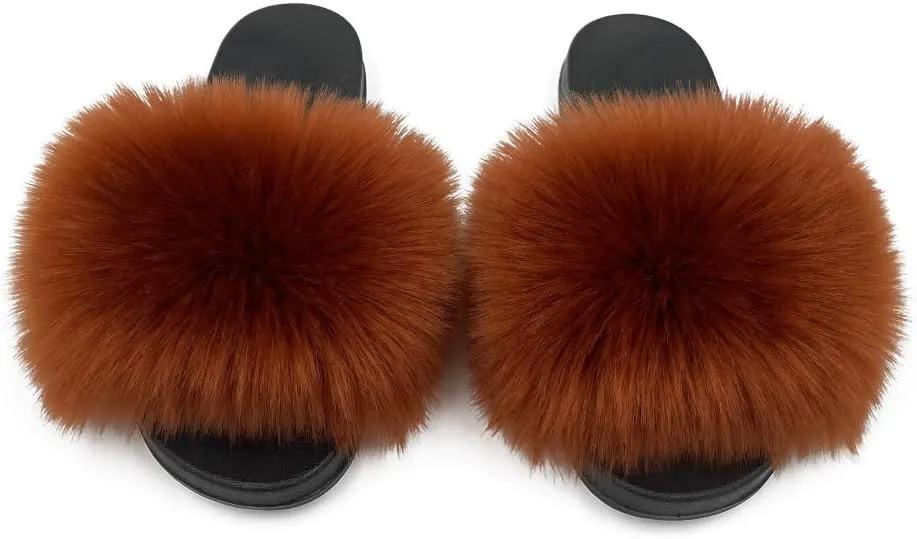 Women's Faux Fur Slides Slippers Fluffy Fuzzy Sandals Open Toe Furry Slide Flip Flop Indoor Outdoor