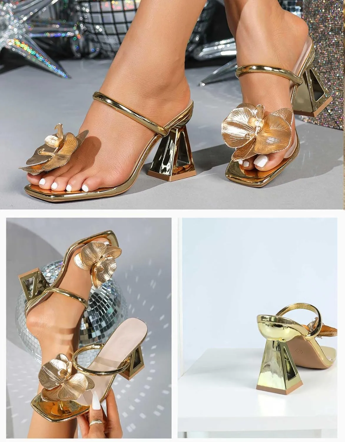 Women's Gold Square Toe Block Heel Mule Sandals with Floral Decor High Heels Slip-on Stylish Summer Footwear for Special Occasions & Night Out