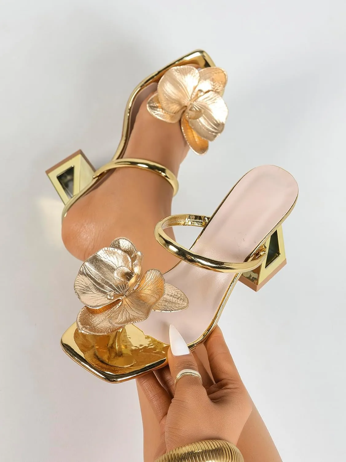 Women's Gold Square Toe Block Heel Mule Sandals with Floral Decor High Heels Slip-on Stylish Summer Footwear for Special Occasions & Night Out