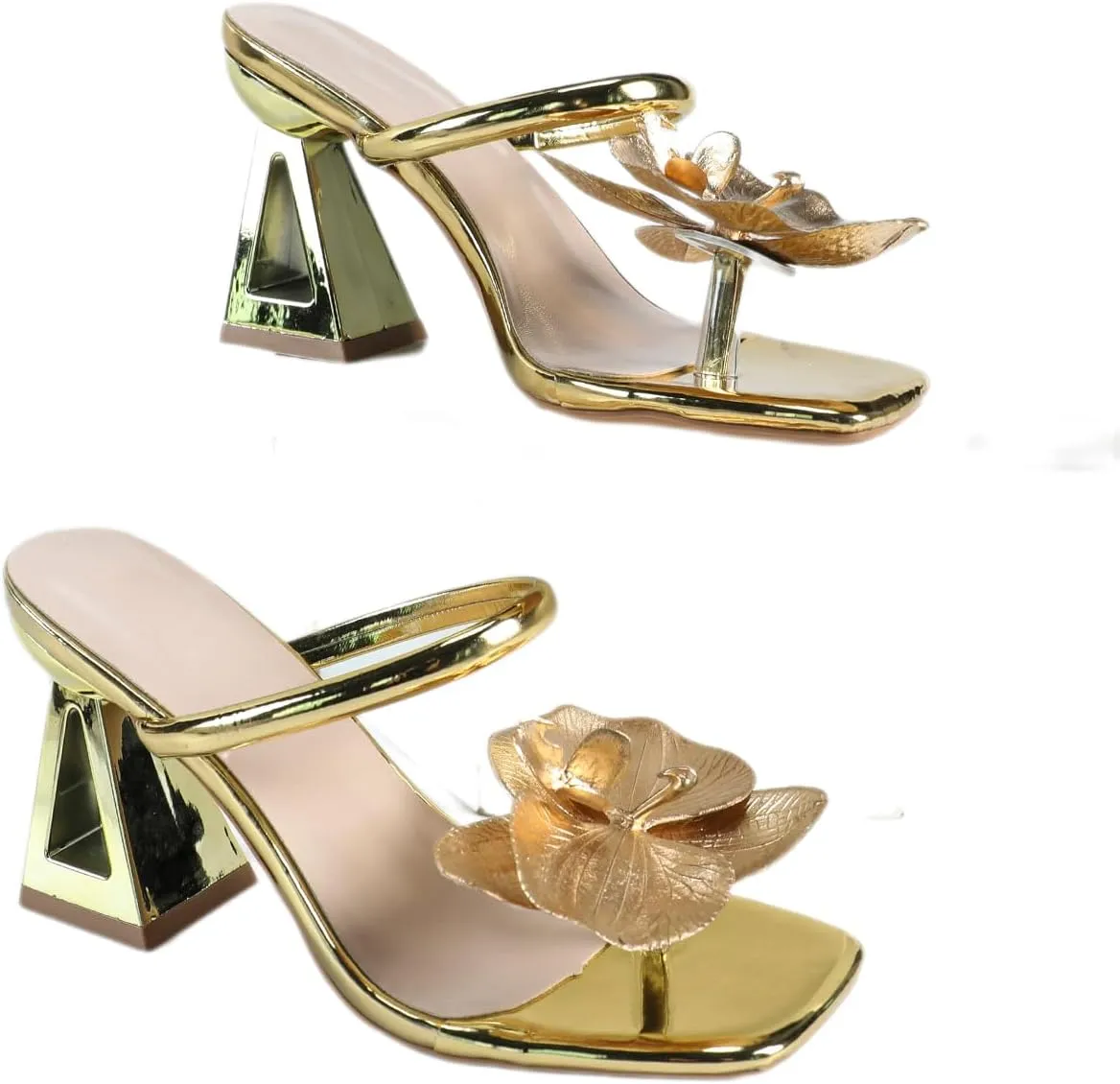Women's Gold Square Toe Block Heel Mule Sandals with Floral Decor High Heels Slip-on Stylish Summer Footwear for Special Occasions & Night Out