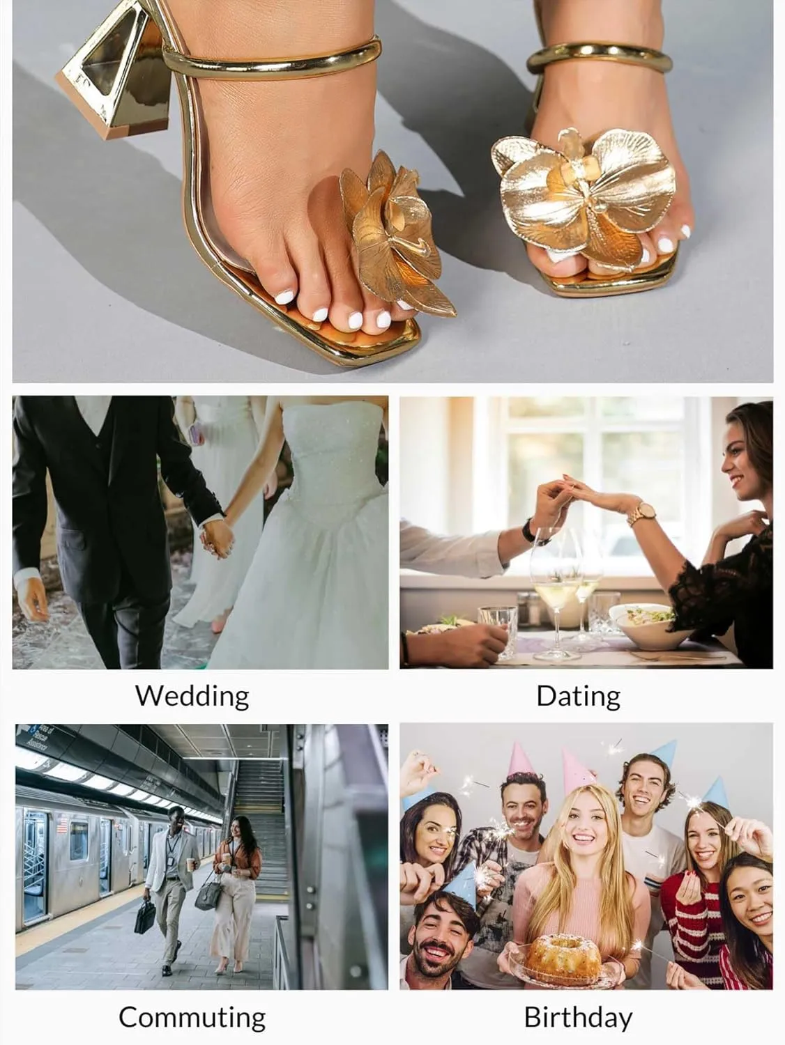 Women's Gold Square Toe Block Heel Mule Sandals with Floral Decor High Heels Slip-on Stylish Summer Footwear for Special Occasions & Night Out