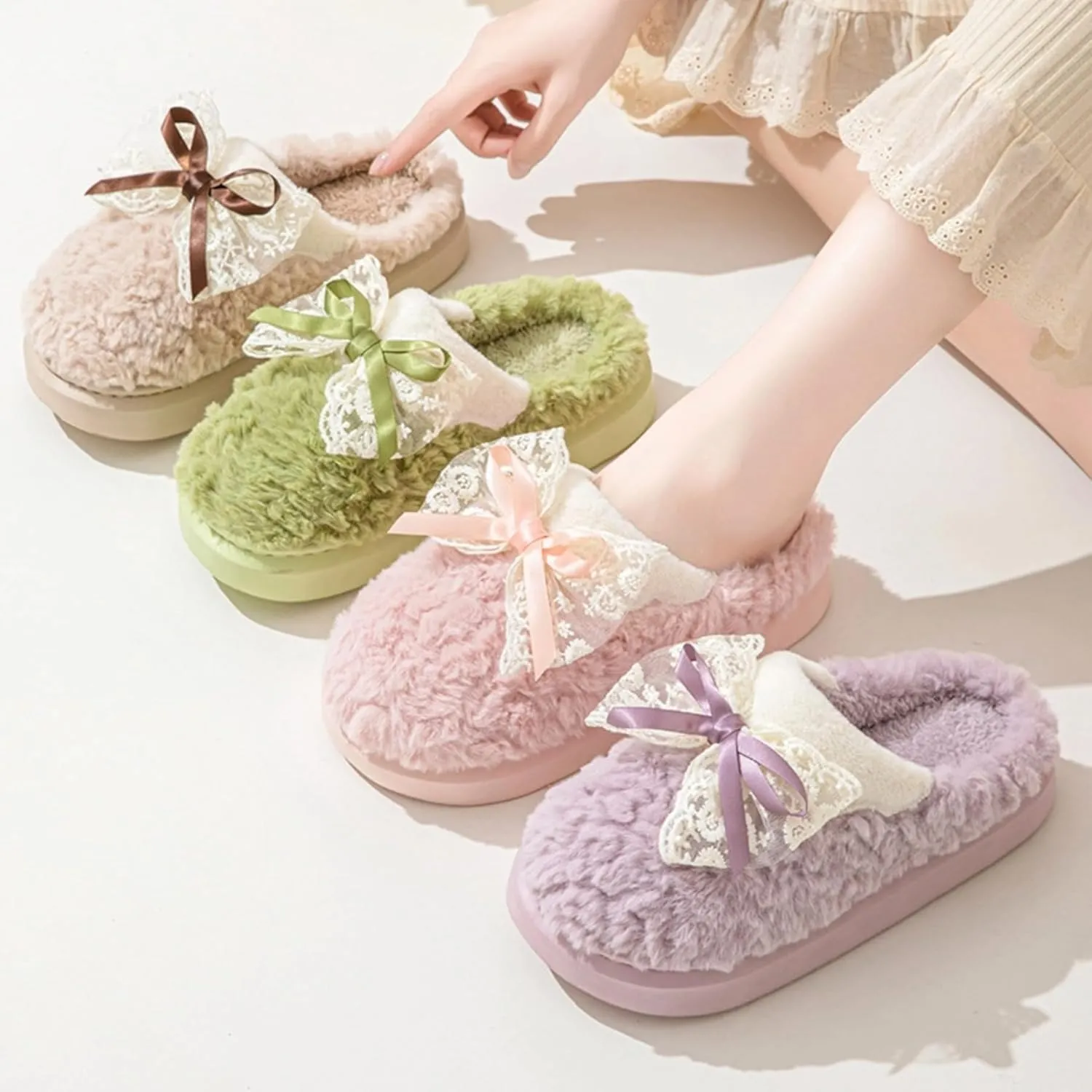 Women's Green Adult Bow House Slippers - Plush Fuzzy Indoor Winter Warm Cozy Bow Tie Slides - Thickened Sole Comfy Bedroom Shoes