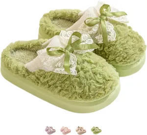 Women's Green Adult Bow House Slippers - Plush Fuzzy Indoor Winter Warm Cozy Bow Tie Slides - Thickened Sole Comfy Bedroom Shoes
