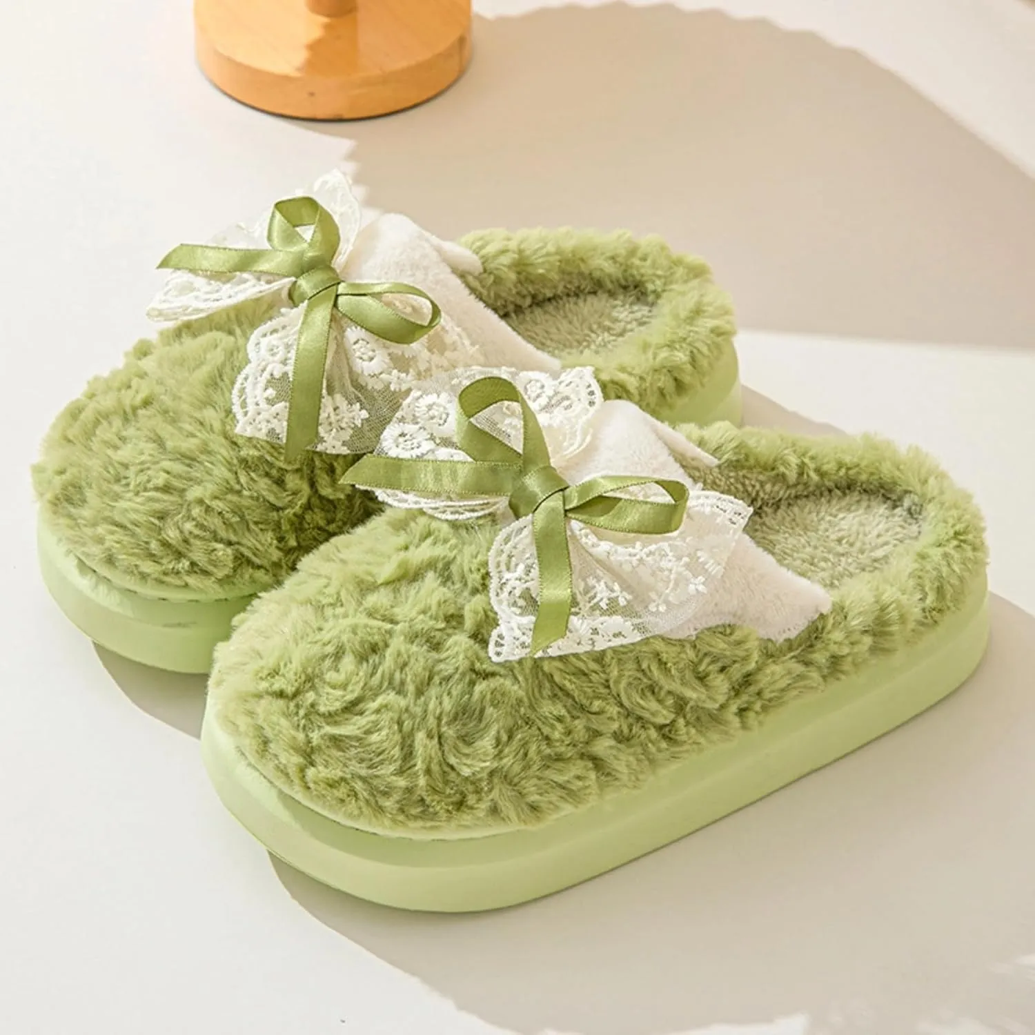 Women's Green Adult Bow House Slippers - Plush Fuzzy Indoor Winter Warm Cozy Bow Tie Slides - Thickened Sole Comfy Bedroom Shoes