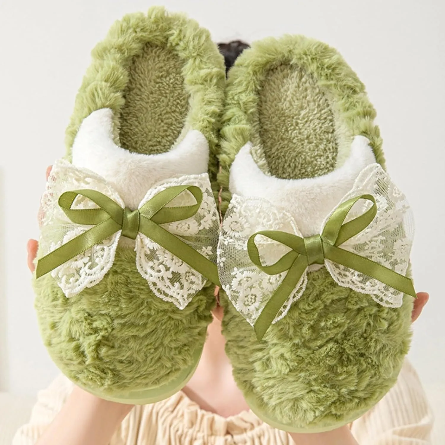 Women's Green Adult Bow House Slippers - Plush Fuzzy Indoor Winter Warm Cozy Bow Tie Slides - Thickened Sole Comfy Bedroom Shoes