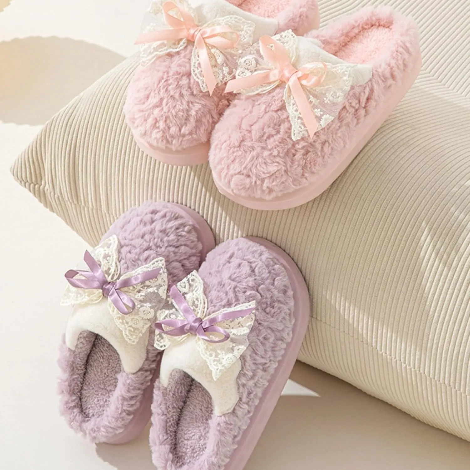 Women's Green Adult Bow House Slippers - Plush Fuzzy Indoor Winter Warm Cozy Bow Tie Slides - Thickened Sole Comfy Bedroom Shoes