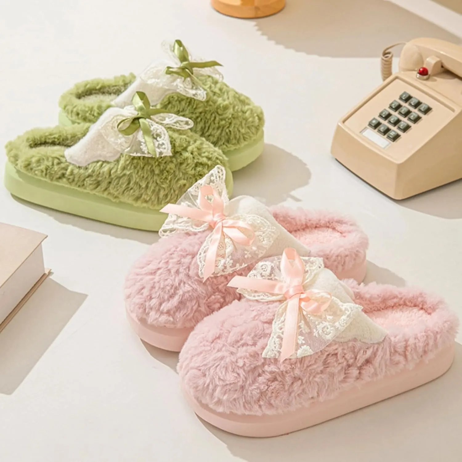 Women's Green Adult Bow House Slippers - Plush Fuzzy Indoor Winter Warm Cozy Bow Tie Slides - Thickened Sole Comfy Bedroom Shoes