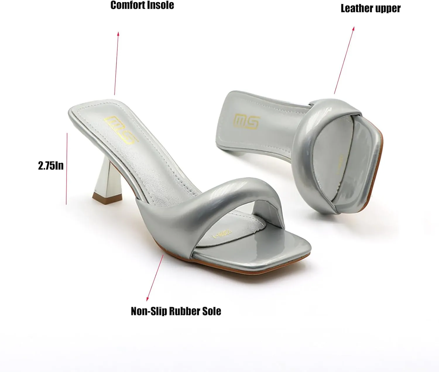 Women's Leather One Band Square Open Toe Stiletto Slide Sandals Fashion Slip-On Sexy Kitten Heel Mule Sandals Wedding Party Evening Prom Dance Backless Dress Slipper Pump Shoes