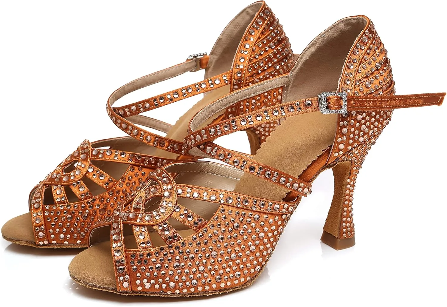 Womens Low High Heel Dance Shoes with Rhinestones Comfortable Wedding Evening Sandals