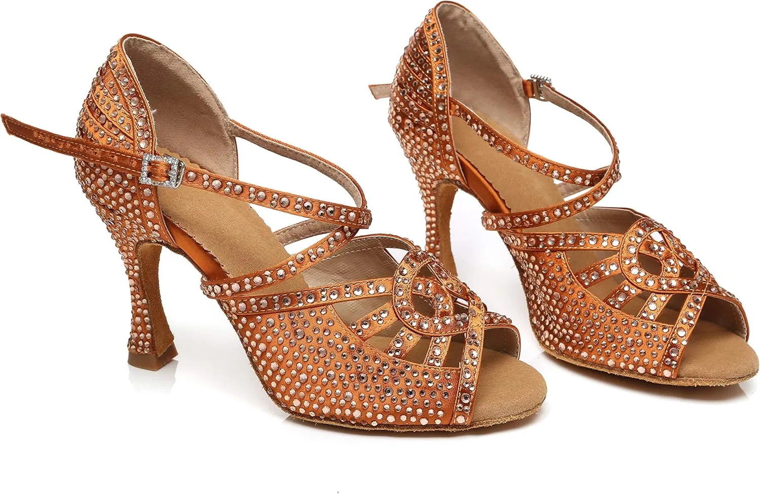 Womens Low High Heel Dance Shoes with Rhinestones Comfortable Wedding Evening Sandals