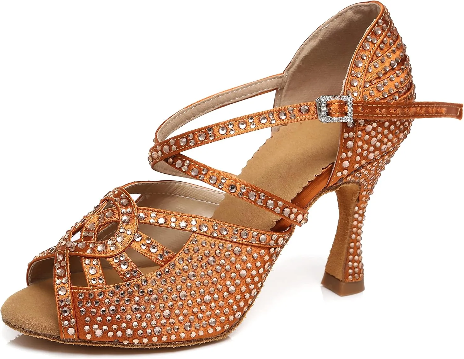 Womens Low High Heel Dance Shoes with Rhinestones Comfortable Wedding Evening Sandals