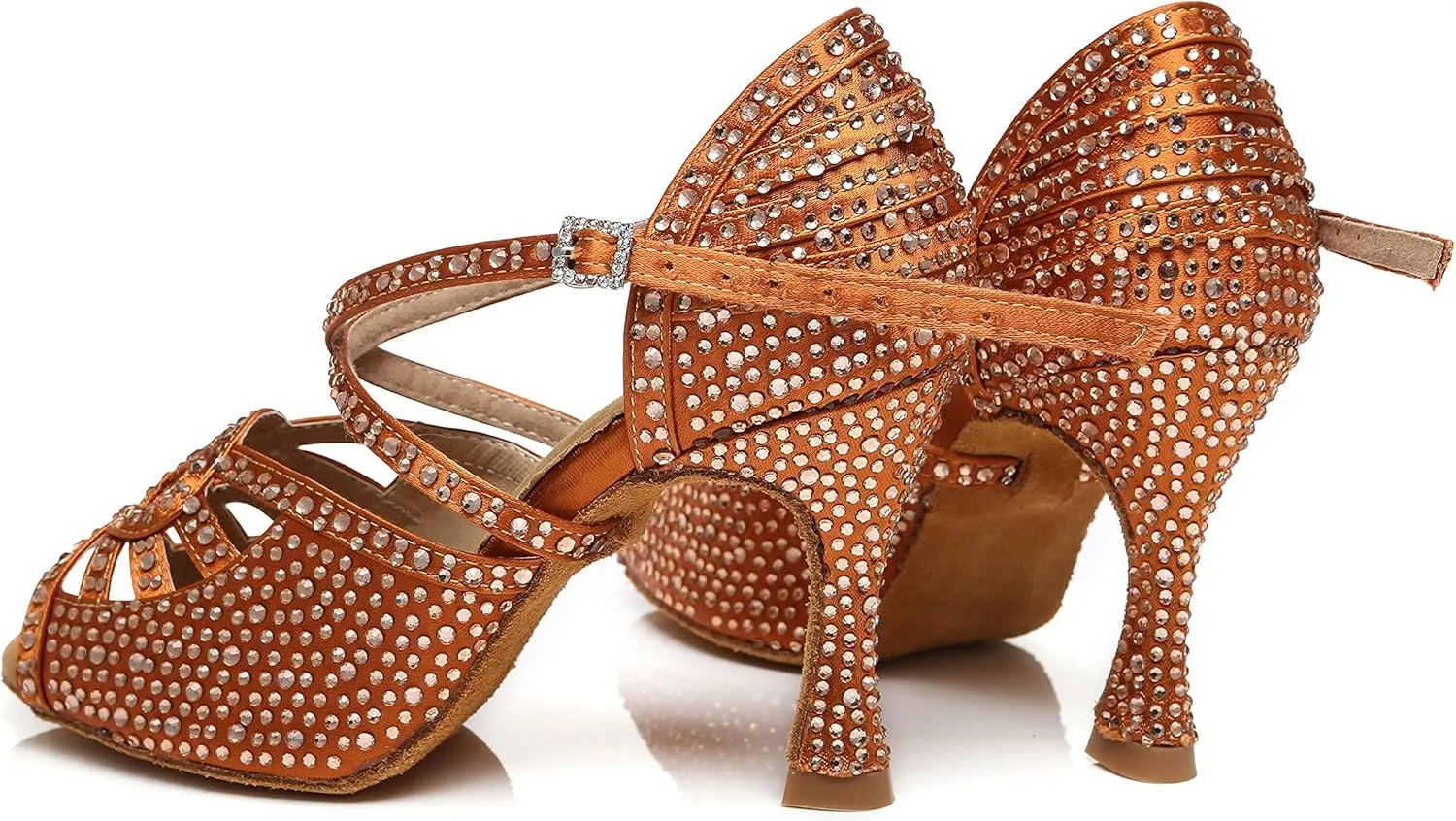 Womens Low High Heel Dance Shoes with Rhinestones Comfortable Wedding Evening Sandals