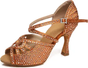 Womens Low High Heel Dance Shoes with Rhinestones Comfortable Wedding Evening Sandals