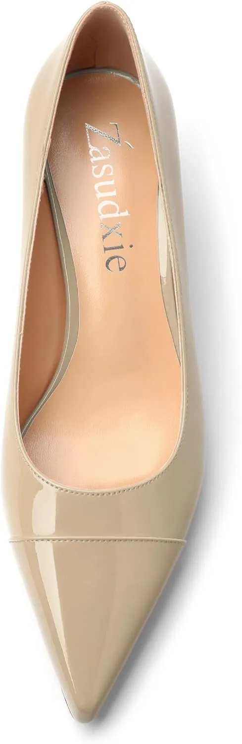 Womens Low Kitten Heels Pumps Pointed Toe Slip On Patent Leather Dressy Shoes 2 Inch