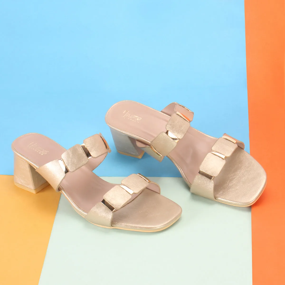 Womens "NATALIA" Fancy Block Heel Slide In Sandals