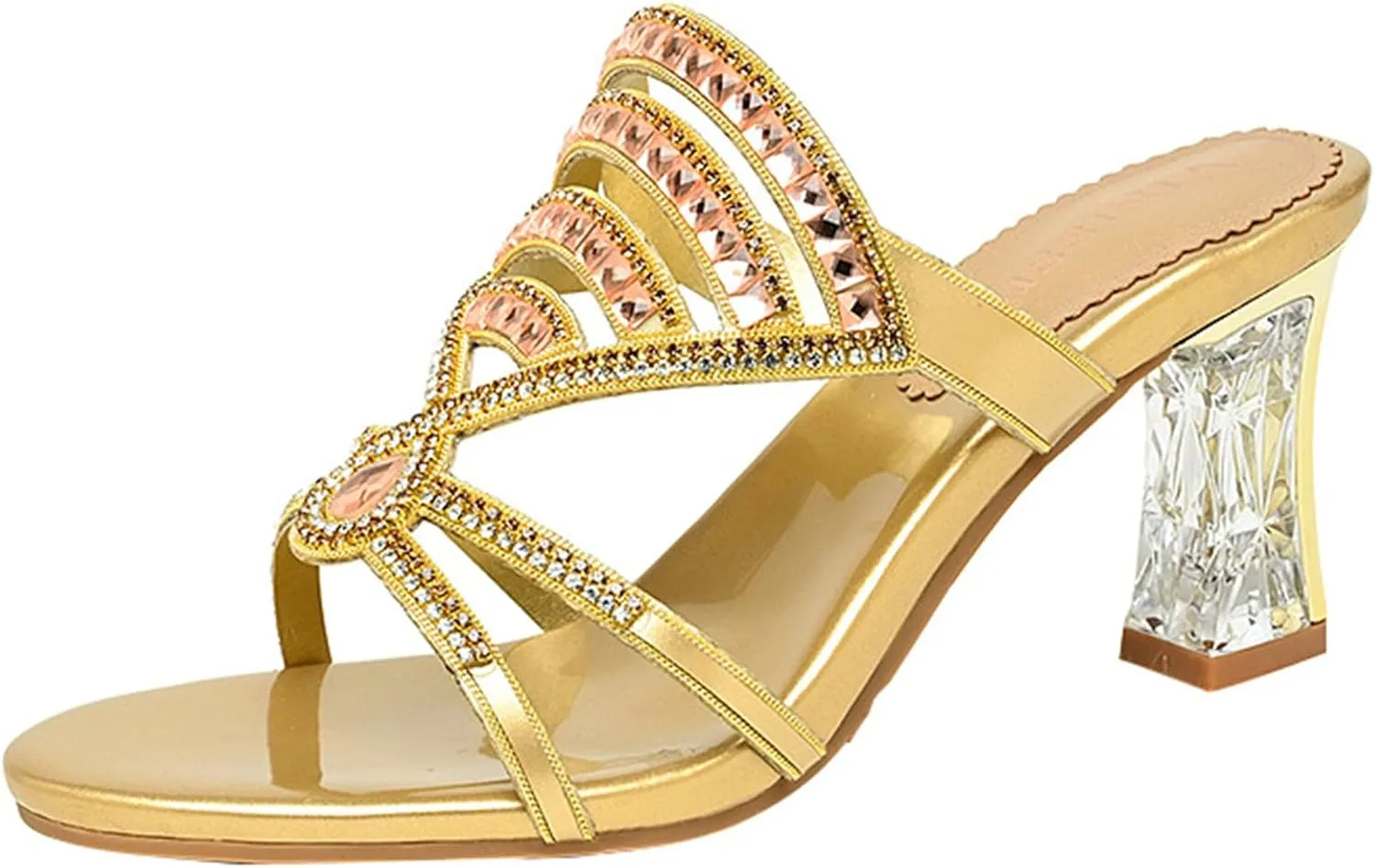 Women's Strappy Rhinestones Block Heel Slide Sandals Sparkle Bling Open Round Toe Slip On Crystal Mule Chunky Heels-2.75In Wedding Party Dress Shoe