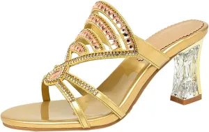 Women's Strappy Rhinestones Block Heel Slide Sandals Sparkle Bling Open Round Toe Slip On Crystal Mule Chunky Heels-2.75In Wedding Party Dress Shoe