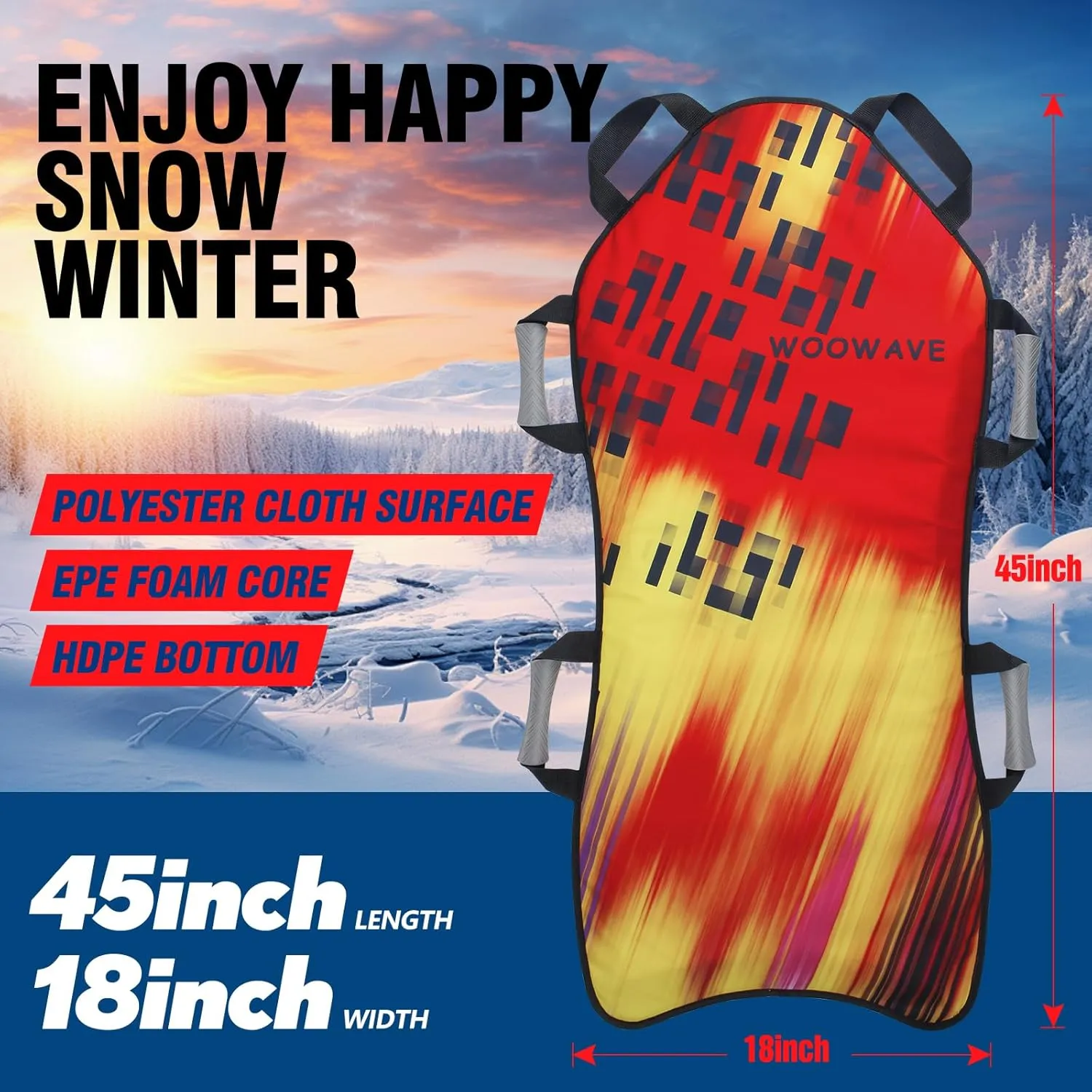 WOOWAVE 45"×18" Foldable Snow Sled，Fits 2 Children or 1 Adult，Ultra Portable, Strong and Durable, Sturdy Fabric Stitching, Handles with Steering，Kid's Winter Fun