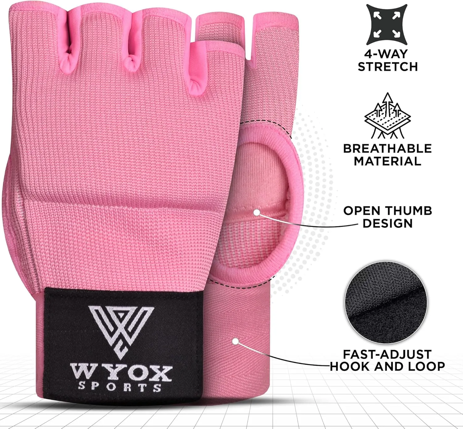 WYOX Gel Boxing Hand Wraps Inner Gloves for Men and Women, Quick 80cm Long Wrist Straps, Elasticated Padded Boxing Wraps for Muay Thai, MMA, Kickboxing, Martial Arts