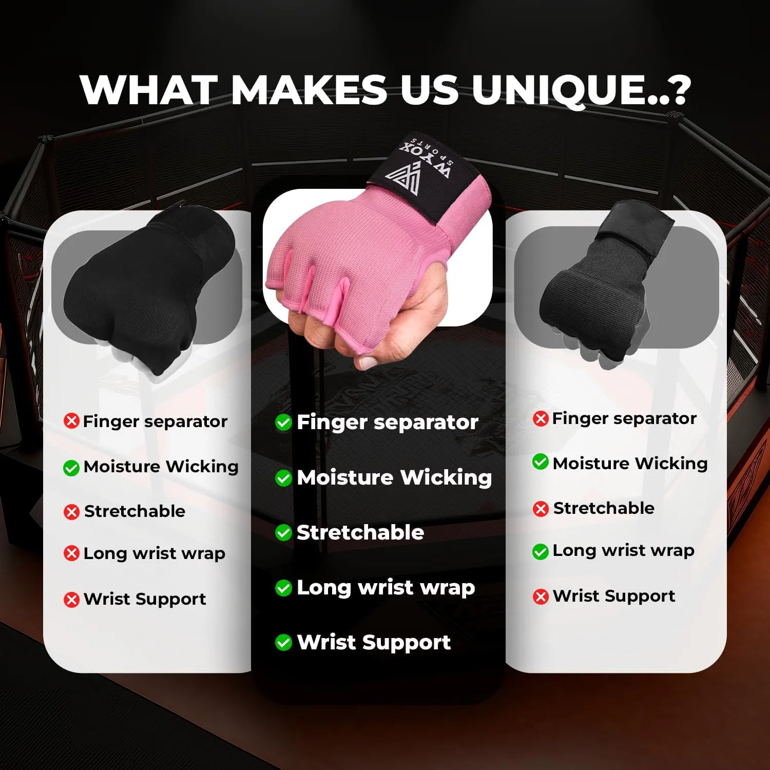 WYOX Gel Boxing Hand Wraps Inner Gloves for Men and Women, Quick 80cm Long Wrist Straps, Elasticated Padded Boxing Wraps for Muay Thai, MMA, Kickboxing, Martial Arts