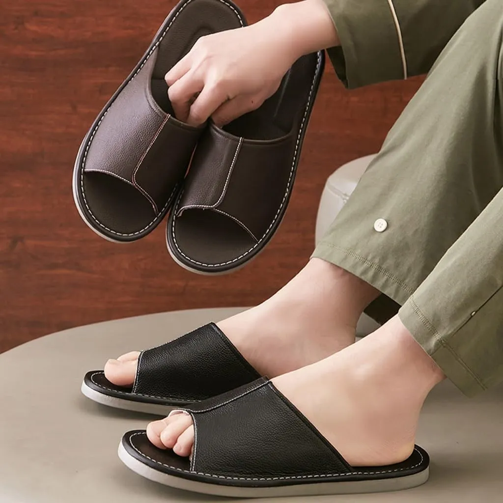 XUEMML Leather Slippers For Men And Women Indoor Outdoor， Unisex Open Toe Slippers Summer Sandals，Non Slip Home Office Slippers Gift For Mens Womens