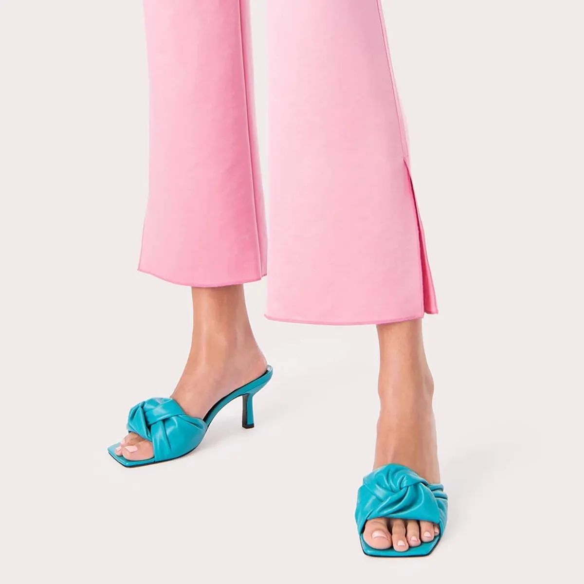 XYD Women's Square Open Toe Kitten Heel Slides Sandals Mid Heels Mules Slip On Fashion Knot Dress Party Summer Shoes