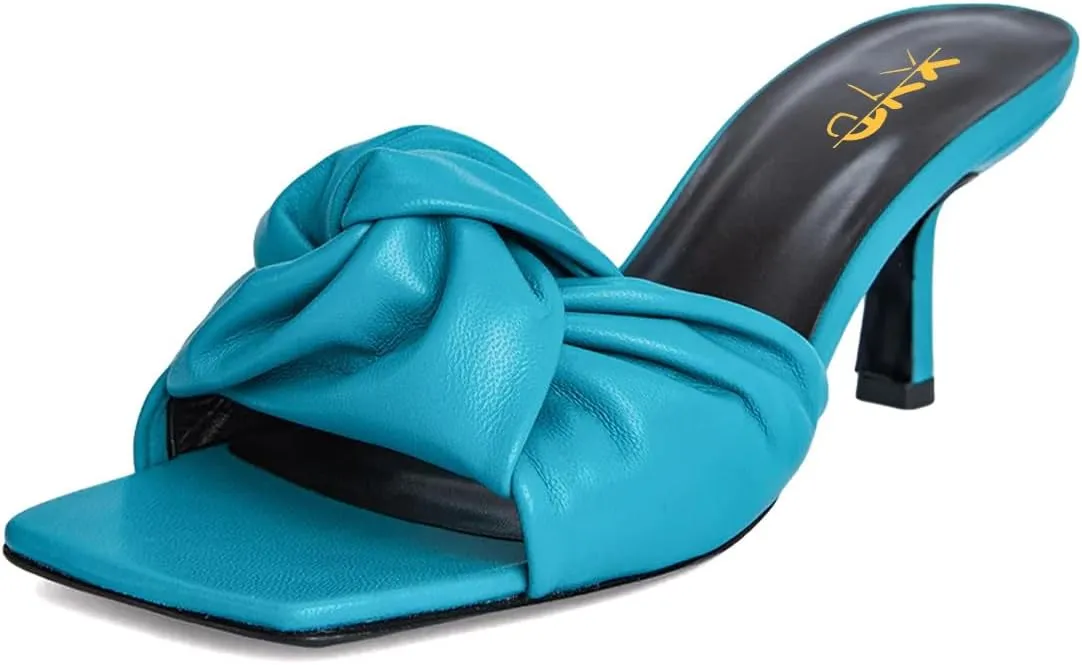 XYD Women's Square Open Toe Kitten Heel Slides Sandals Mid Heels Mules Slip On Fashion Knot Dress Party Summer Shoes