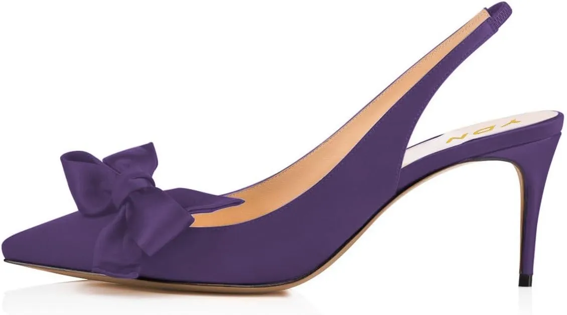 YDN Women Pointed Toe Bow Slingback Slip on Pumps Stiletto Mid Heels Evening Prom Satin Sandals Dress Shoes Size 4-16 US