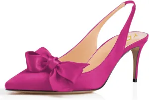 YDN Women Pointed Toe Bow Slingback Slip on Pumps Stiletto Mid Heels Evening Prom Satin Sandals Dress Shoes Size 4-16 US