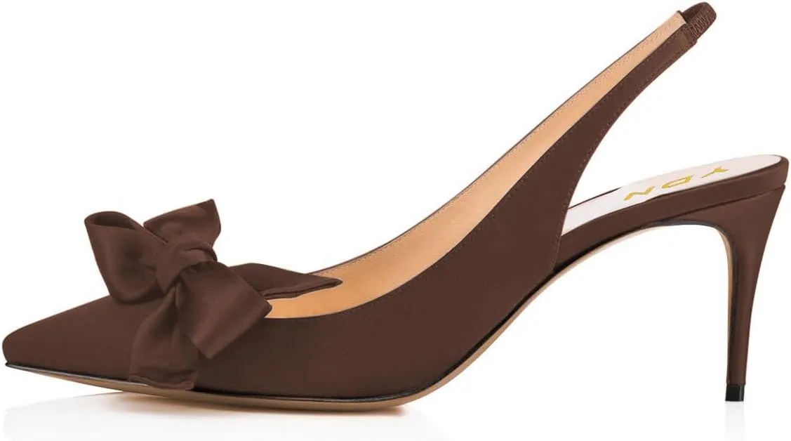 YDN Women Pointed Toe Bow Slingback Slip on Pumps Stiletto Mid Heels Evening Prom Satin Sandals Dress Shoes Size 4-16 US