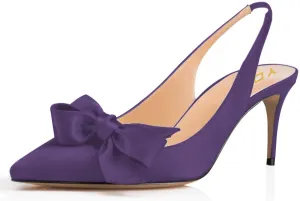 YDN Women Pointed Toe Bow Slingback Slip on Pumps Stiletto Mid Heels Evening Prom Satin Sandals Dress Shoes Size 4-16 US