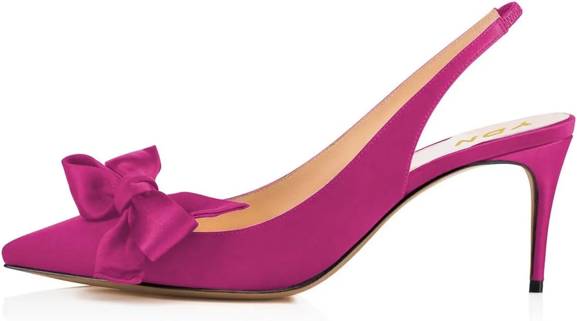 YDN Women Pointed Toe Bow Slingback Slip on Pumps Stiletto Mid Heels Evening Prom Satin Sandals Dress Shoes Size 4-16 US