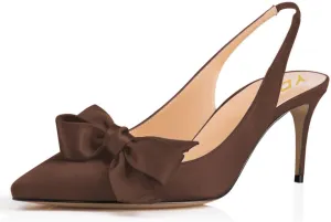 YDN Women Pointed Toe Bow Slingback Slip on Pumps Stiletto Mid Heels Evening Prom Satin Sandals Dress Shoes Size 4-16 US