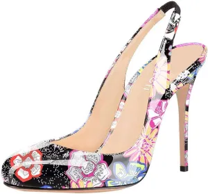 YDN Women Round Toe High Heels Pumps Slip on Stiletto Patent Evening Shoes with Slingback 4-15